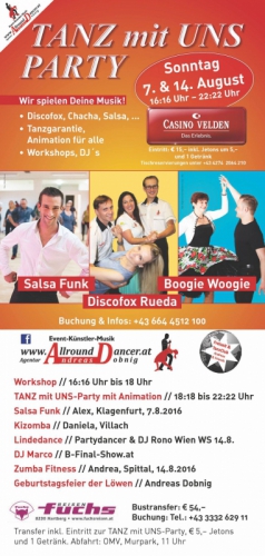 Casino Velden 20160807 u.14 Sonntag Flyer4 TmU Casino Velden die groeßte mit FuchsReisen Programm Salsa Discofox Boogie Zumba